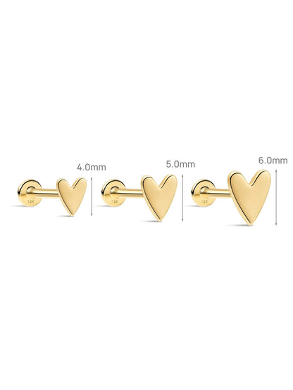 KOSINER 14K Solid Gold Minimalist Glossy Heart Flat Back Stud