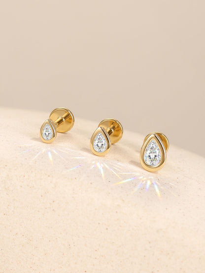 KOSINER 14K Solid Gold Bezel-Set Pear Lab-Grown Diamond Flat Back Stud