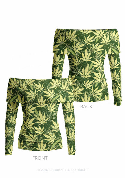 Green Wxxd Leaf Y2K Off Shoulder Fold Over Knit Top Cherrykitten