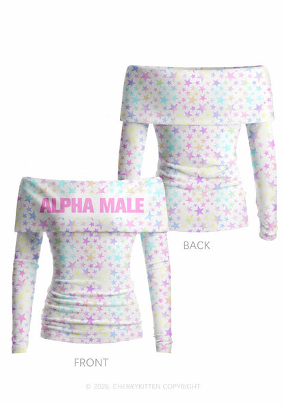 Pastel Star Alpha Male Y2K Off Shoulder Fold Over Knit Top Cherrykitten