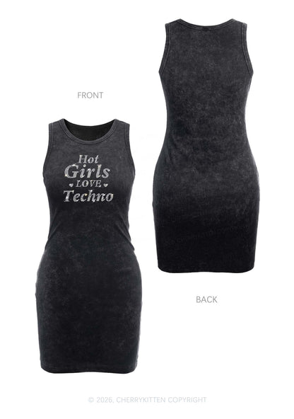 Rhinestone Hot Girls Love Techno Y2K Washed Tank Dress Cherrykitten