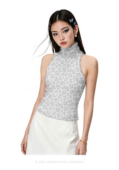 Light Grey Leopard Y2K Knit Turtleneck Tank Top Cherrykitten