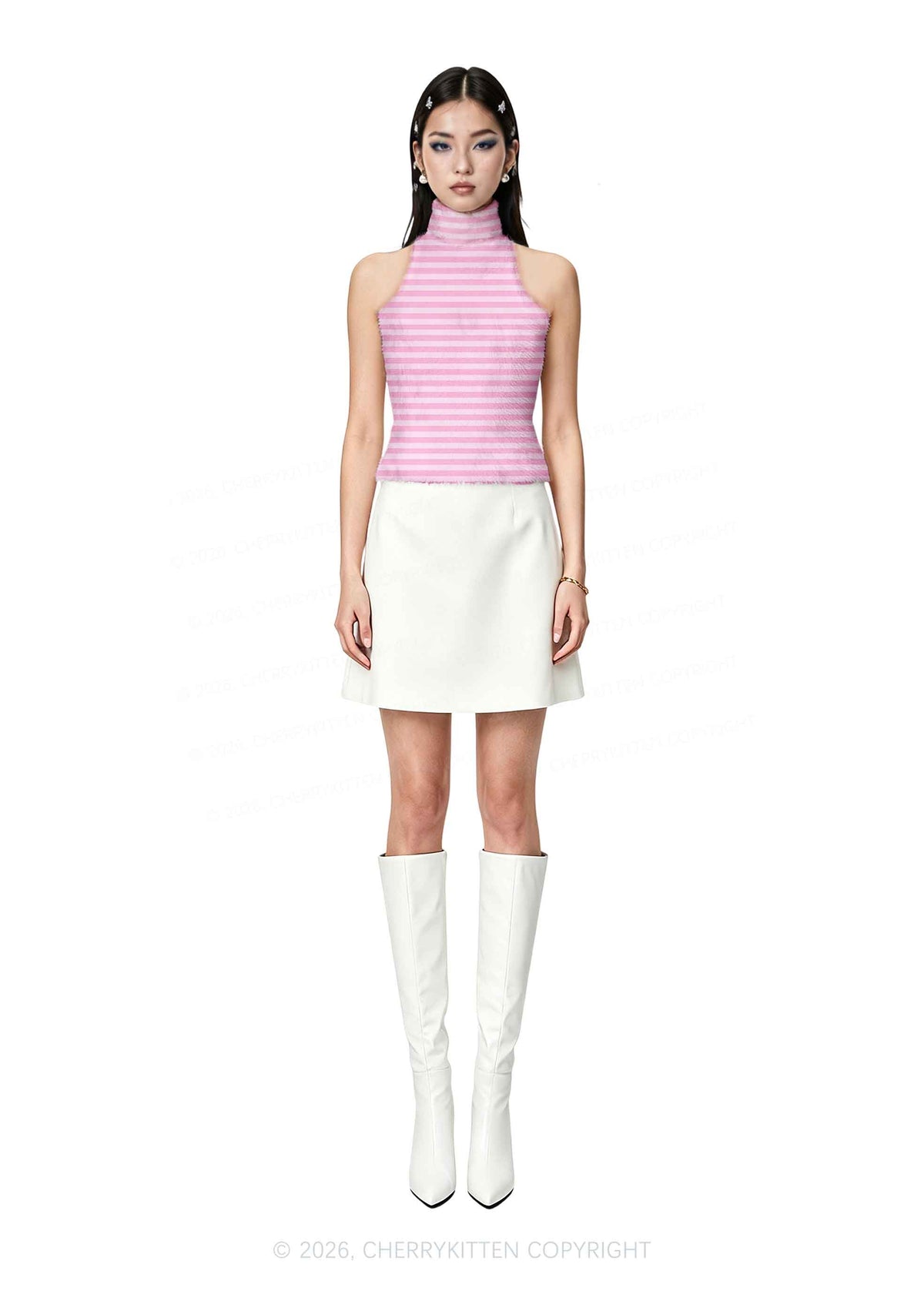 Hot Pink White Stripes Y2K Knit Turtleneck Tank Top Cherrykitten