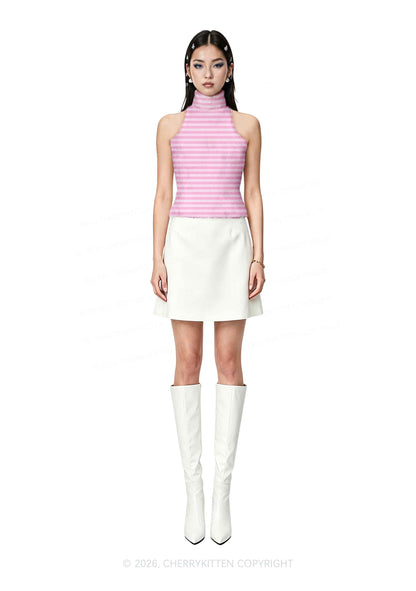 Hot Pink White Stripes Y2K Knit Turtleneck Tank Top Cherrykitten