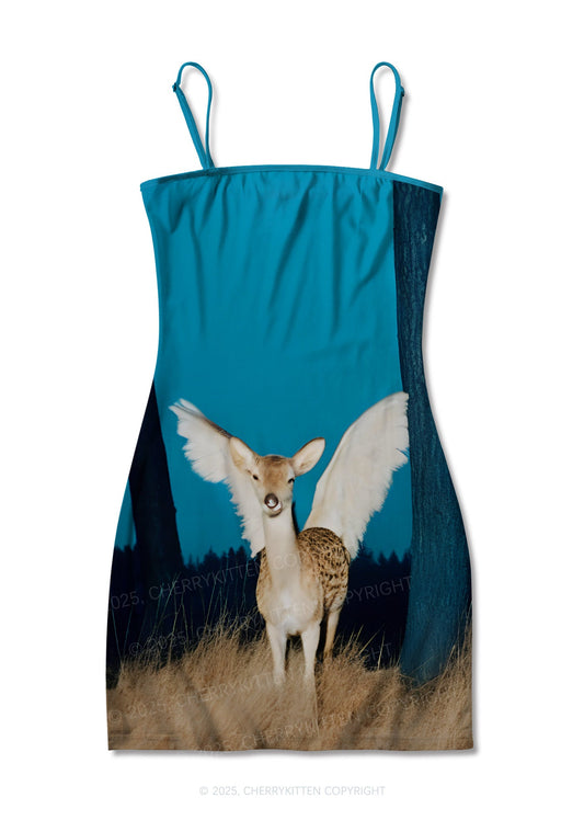 Winged Deer Y2K Print Slip Dress Cherrykitten