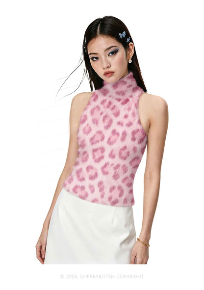 Light Pink Leopard Y2K Knit Turtleneck Tank Top Cherrykitten