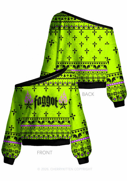 Faggot Stars Pride Y2K Off Shoulder Knit Sweatshirt Cherrykitten