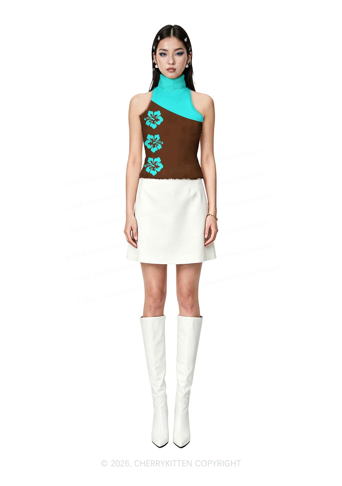 Mint Green Hibiscus On Brown Y2K Knit Turtleneck Tank Top Cherrykitten
