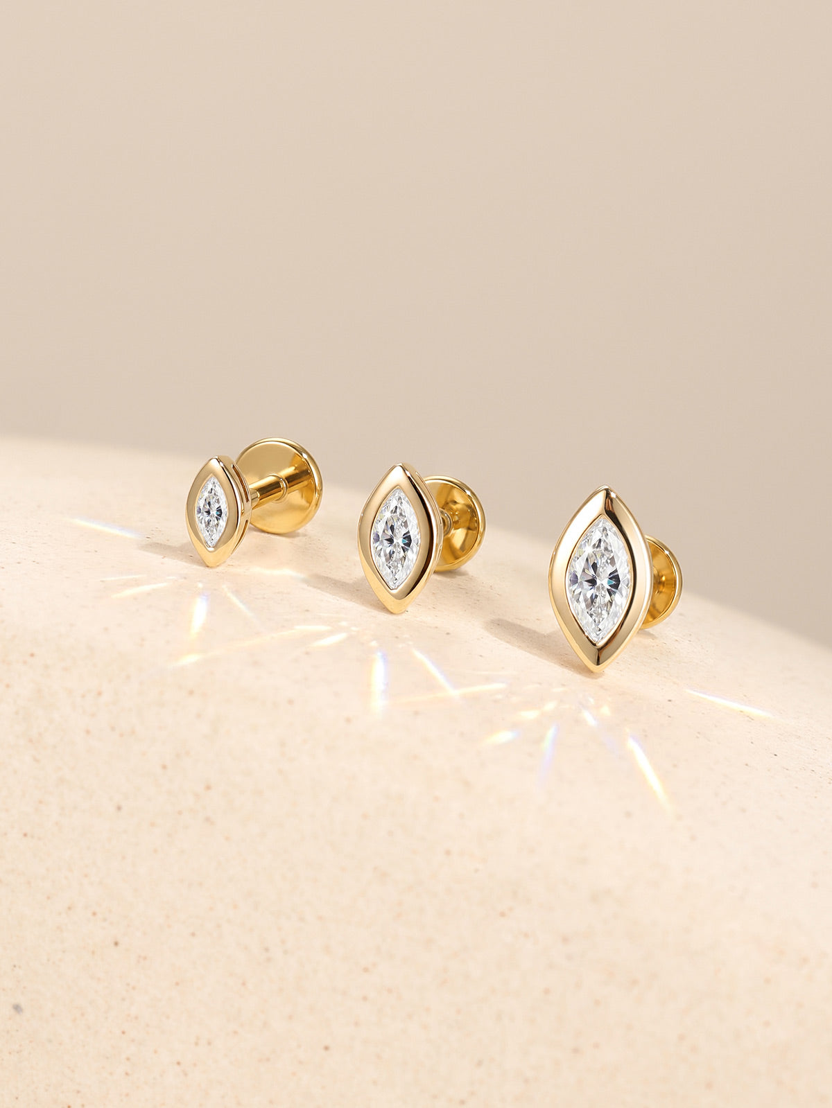 KOSINER 14K Solid Gold Bezel-Set Marquise Lab-Grown Diamond Flat Back Stud