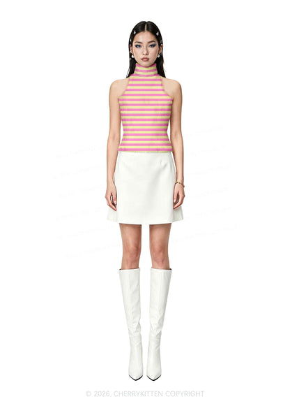 Pink Yellow Stripes Y2K Knit Turtleneck Tank Top Cherrykitten