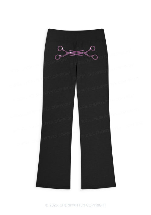Rhinestone Pink Scissor Pride Y2K Low Rise Drawstring Flare Pants Cherrykitten