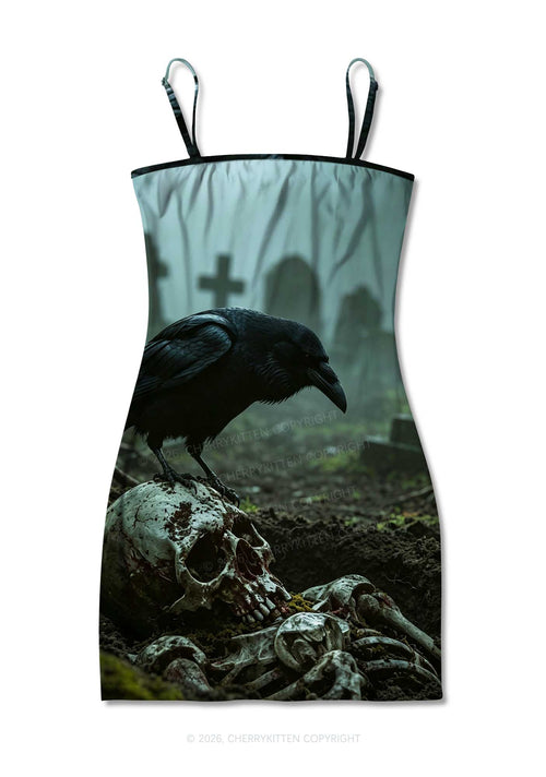 Halloween Raven On Skull Y2K Print Slip Dress Cherrykitten