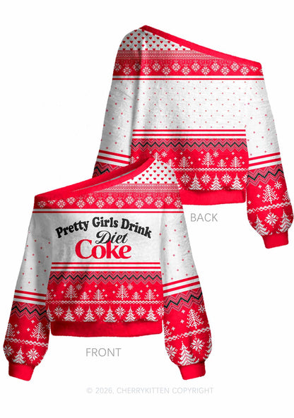 Pretty Girls Drink Diet Cola Y2K Off Shoulder Knit Sweatshirt Cherrykitten