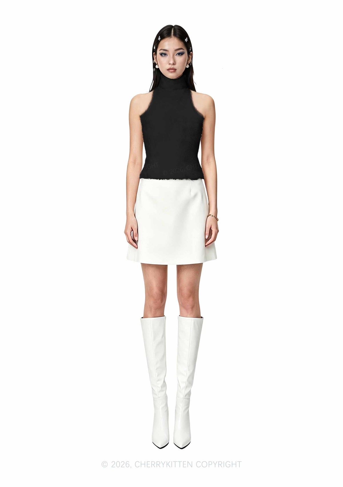 Plain Black Y2K Knit Turtleneck Tank Top Cherrykitten