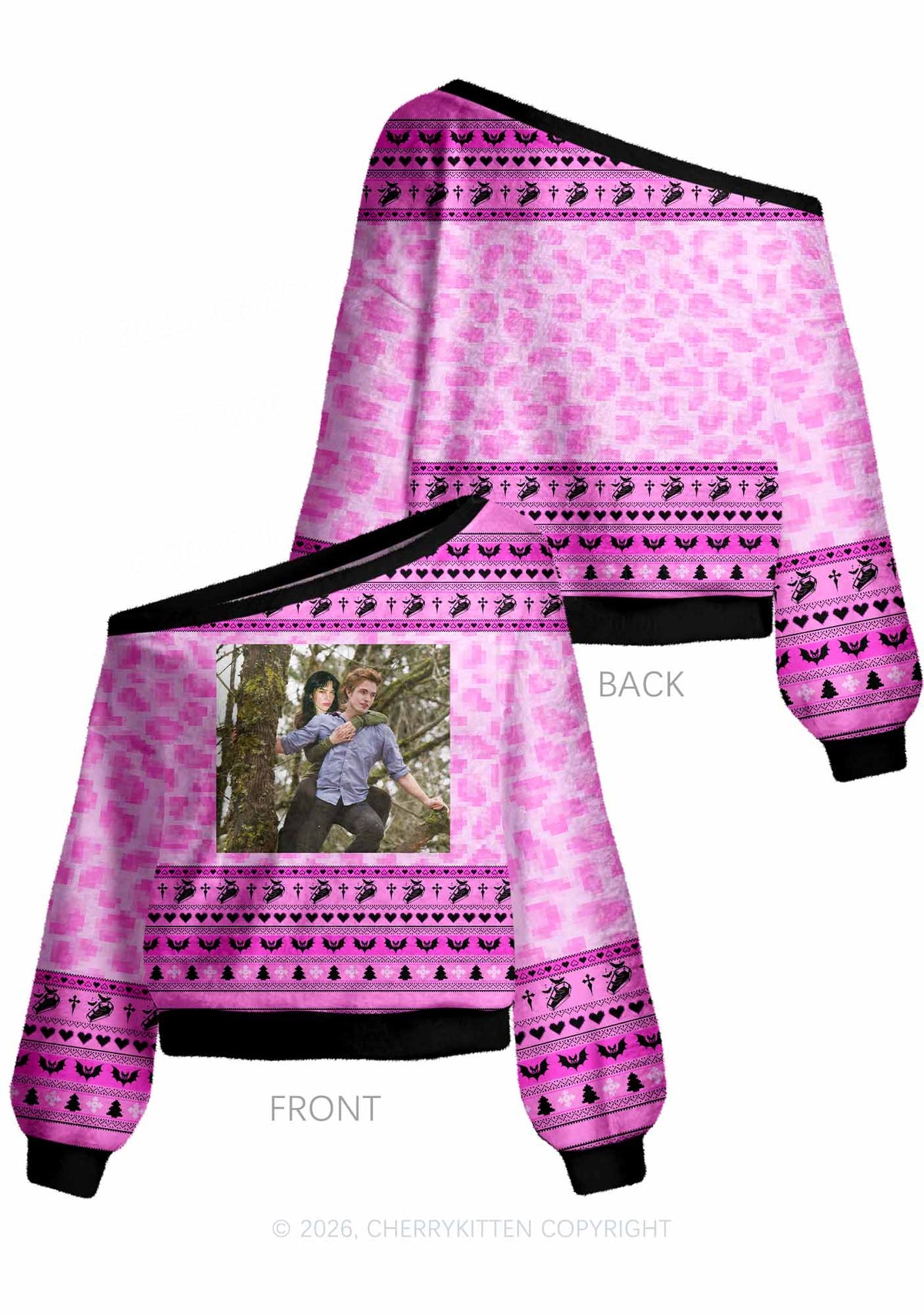Pink Custom Face Y2K Off Shoulder Knit Sweatshirt Cherrykitten