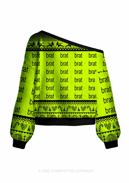 Green Brat Y2K Off Shoulder Knit Sweatshirt Cherrykitten