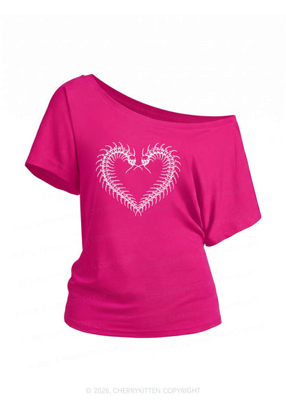 Halloween Centipede Heart Shape Y2K Off Shoulder Tee Cherrykitten