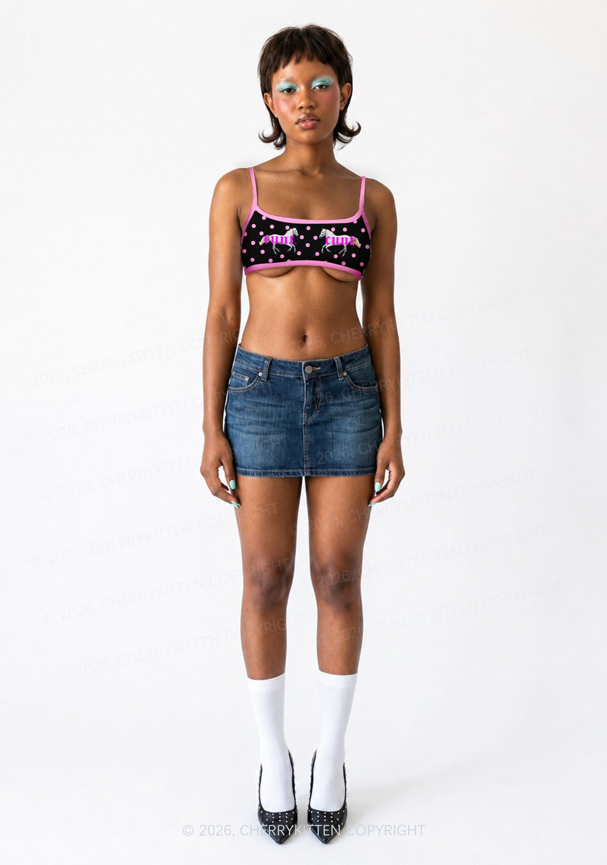 Pink Cxxt Horse Y2K Print Super Crop Cami Cherrykitten