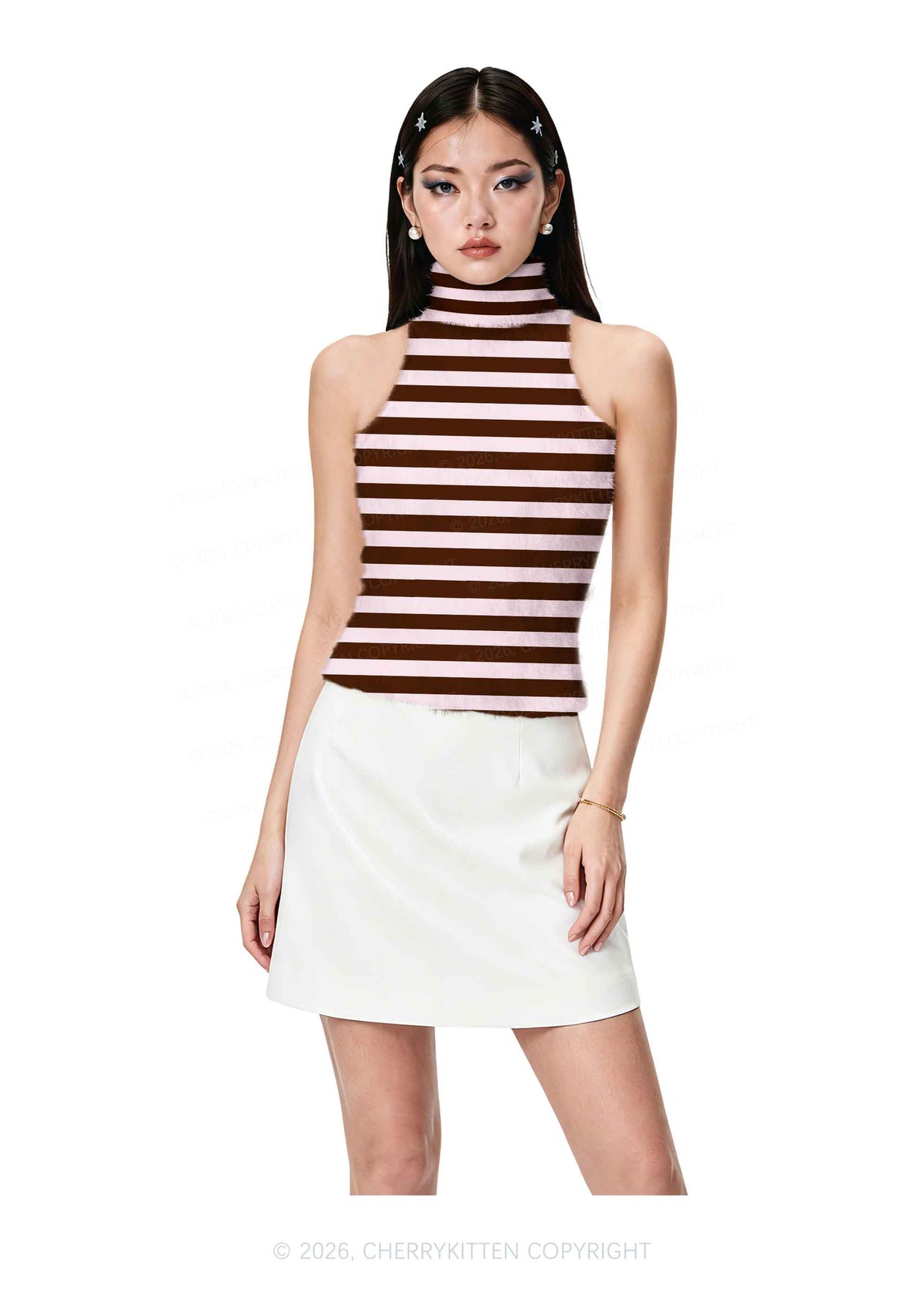 Pink Brown Stripes Y2K Knit Turtleneck Tank Top Cherrykitten