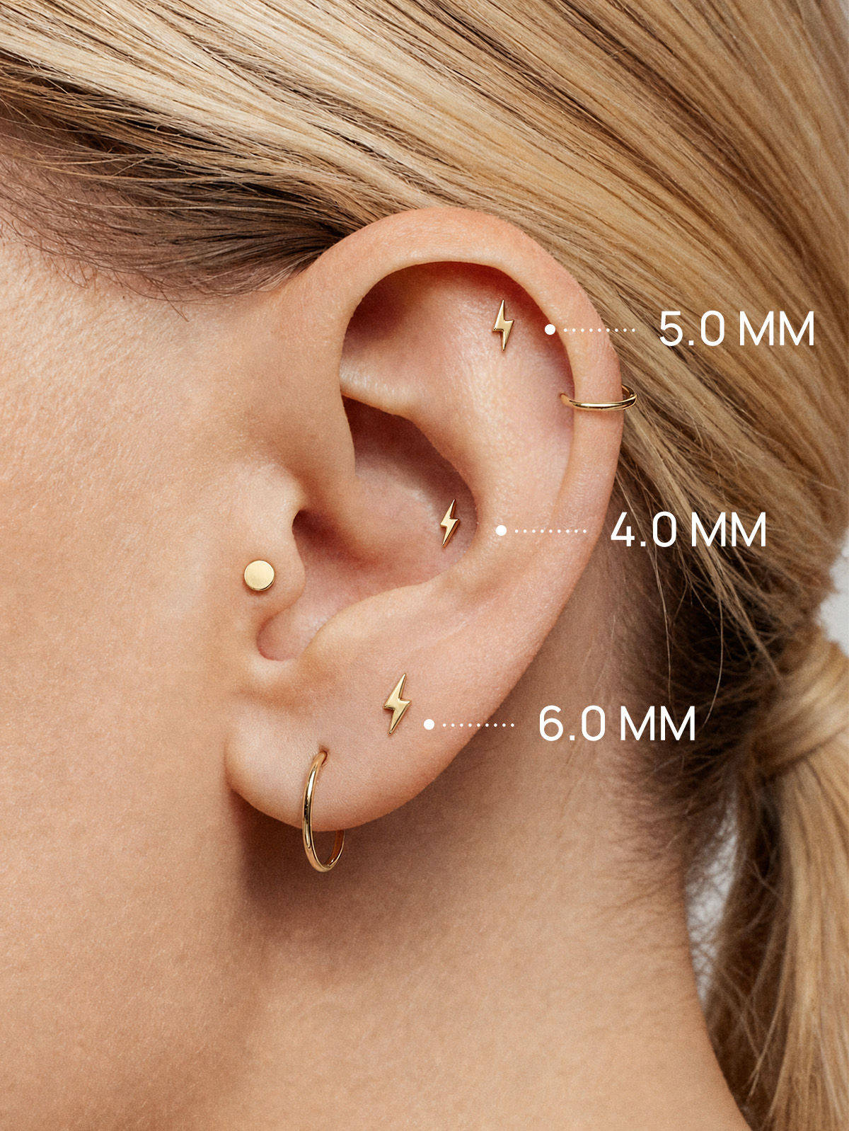 KOSINER 14K Solid Gold 4mm Minimalist Glossy Lightning Flat Back Stud