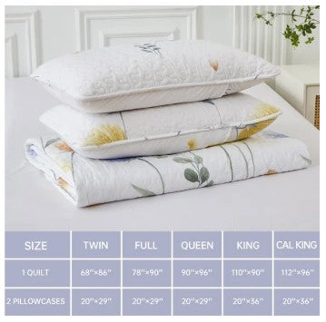 3-Piece Queen Floral Quilt Set, Lightweight Reversible Farmhouse Coverlet with 2 Pillow Shams