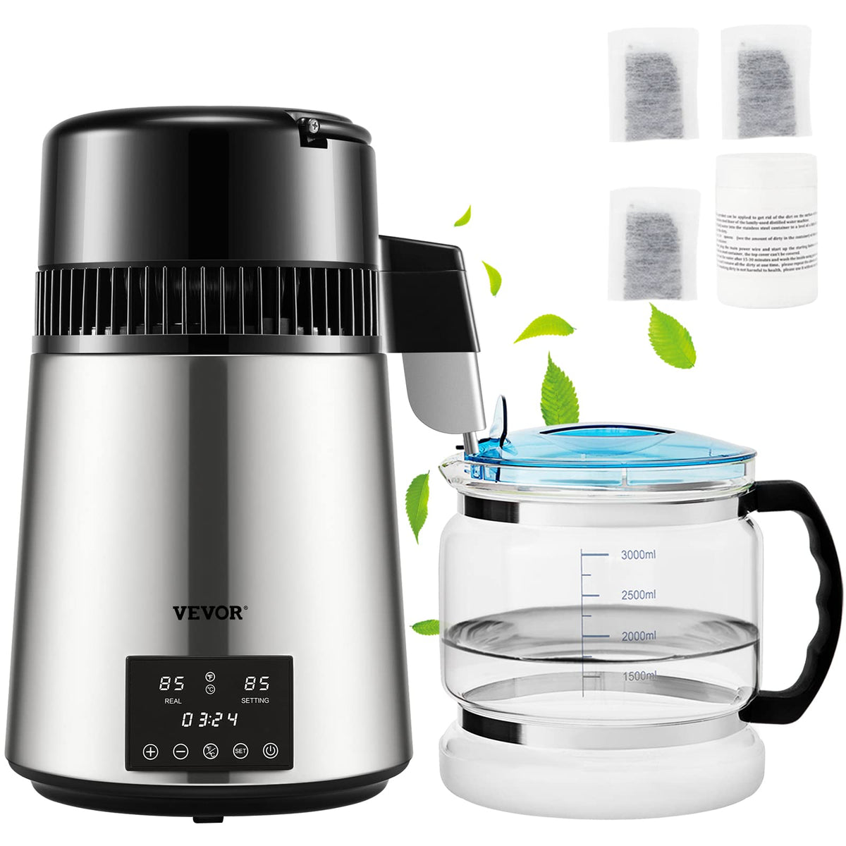 VEVOR Water Distiller 304 Stainless Steel Countertop Water Stiller 0.3Gal/H 0-99H Timing Dual Temp Display 1.1Gal Distilled Water Maker Machine Glass Carafe 3 Carbon Bags Citric Acid Powder