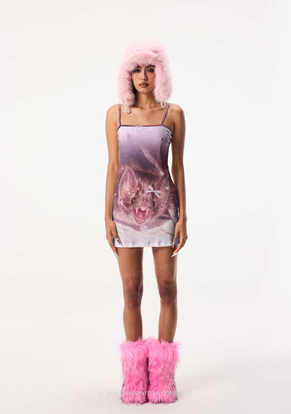 Halloween Pink Bow Bat Y2K Print Slip Dress Cherrykitten