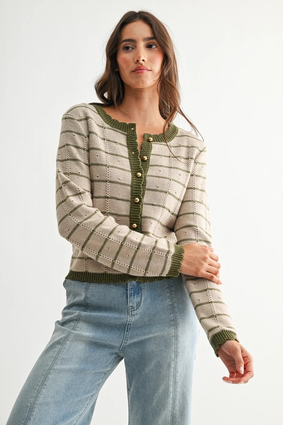 Olive Striped Cardigan with Gold Buttons