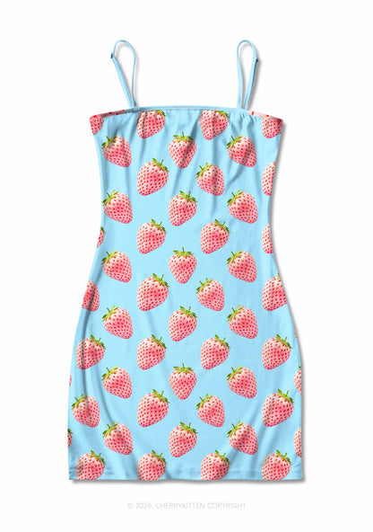 Pastel Pink Strawberry Y2K Print Slip Dress Cherrykitten