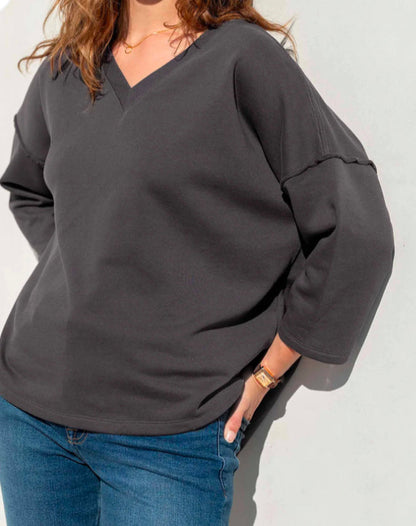 Frenchie V-Neck Sweatshirt-Charcoal
