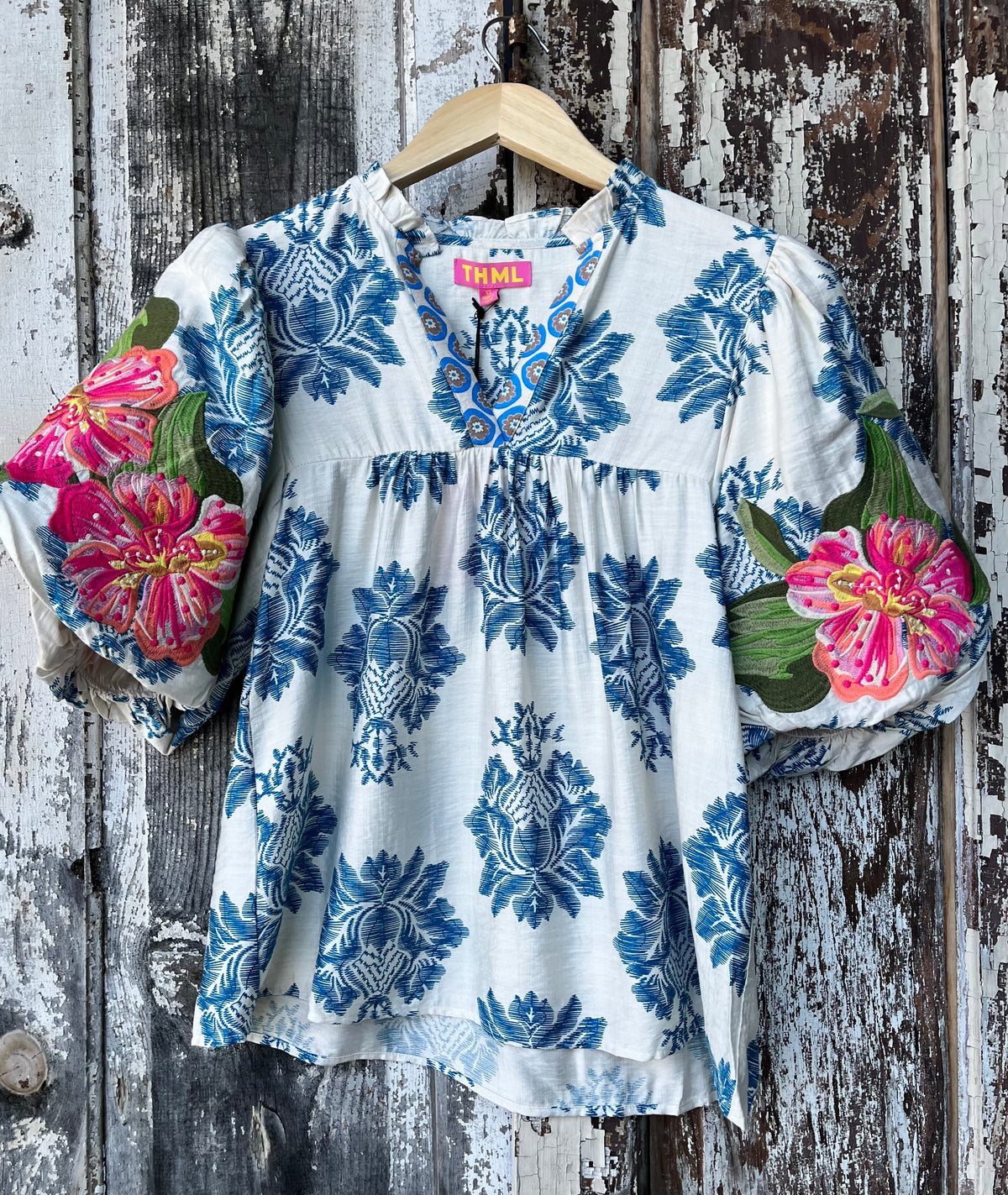 Embroidered Puff-Sleeve Top