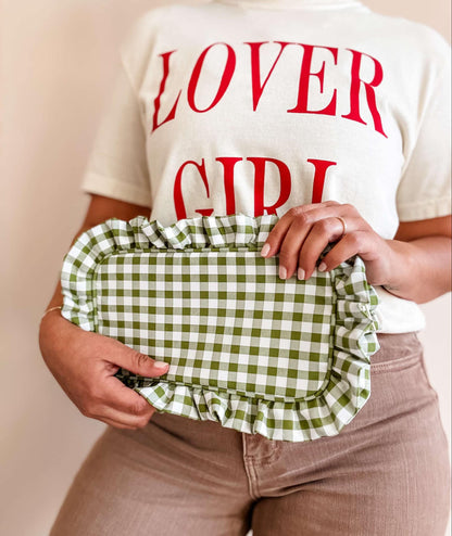 Gingham Ruffle Zipper Pouch - Green