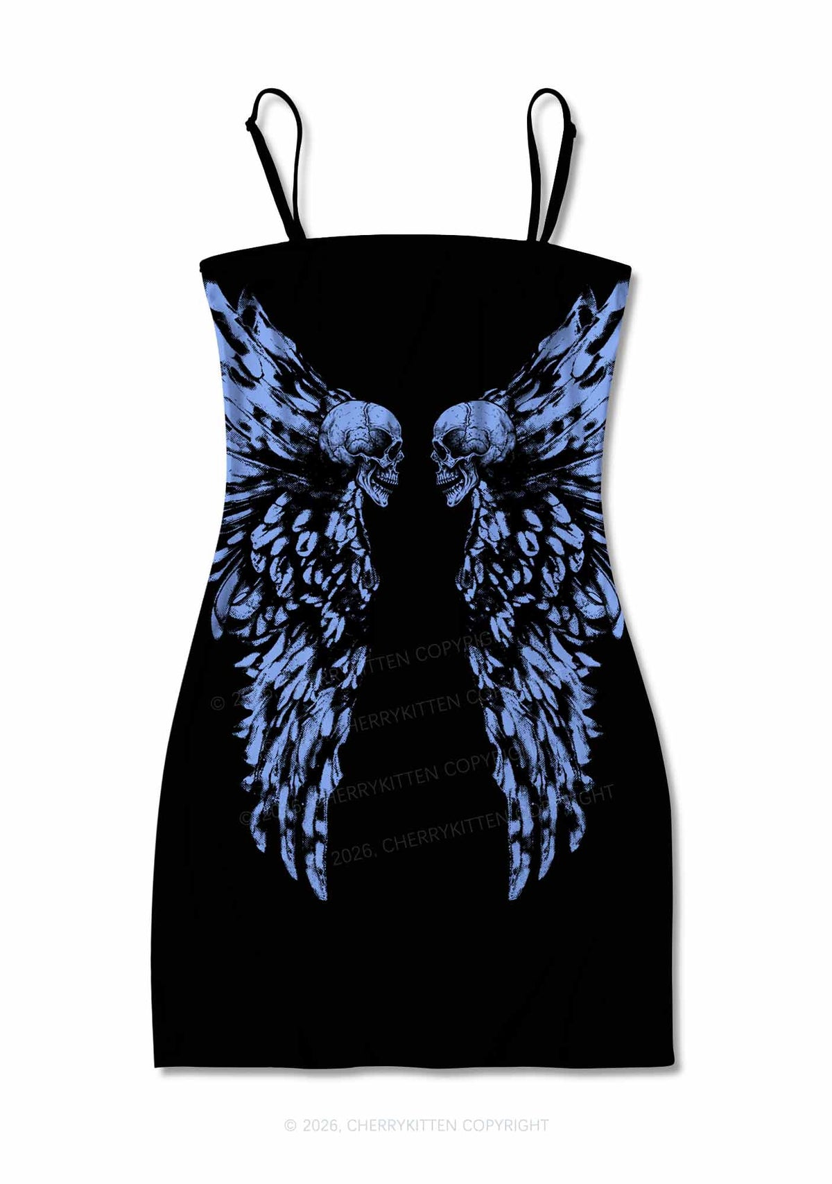 Halloween Blue Skull Angel Wings Y2K Print Slip Dress Cherrykitten
