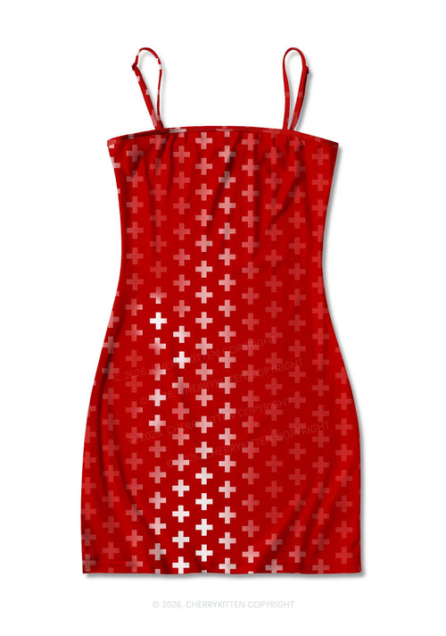 Red White Gradient Cross Y2K Print Slip Dress Cherrykitten