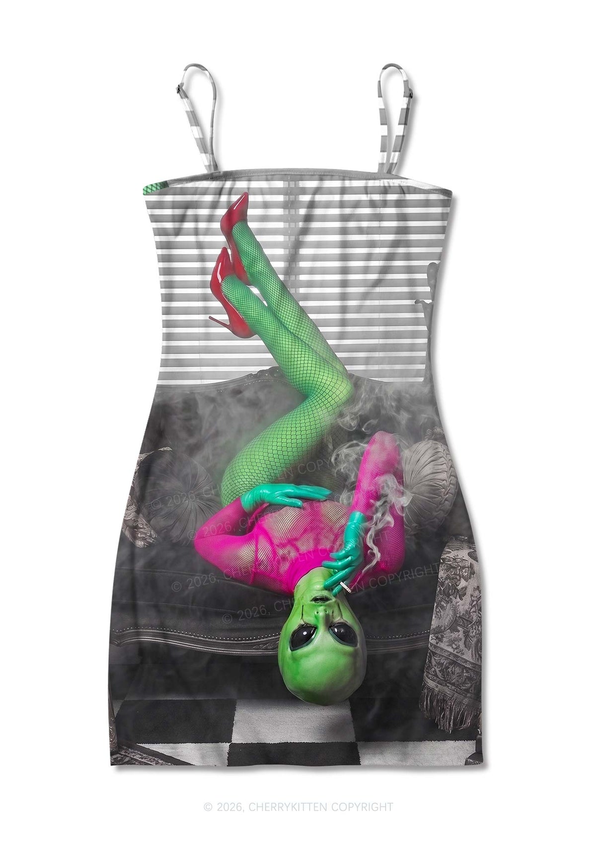 Halloween Smoking Alien Y2K Print Slip Dress Cherrykitten
