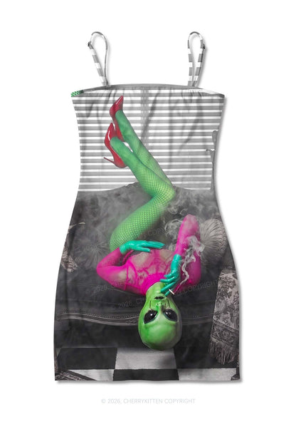 Halloween Smoking Alien Y2K Print Slip Dress Cherrykitten