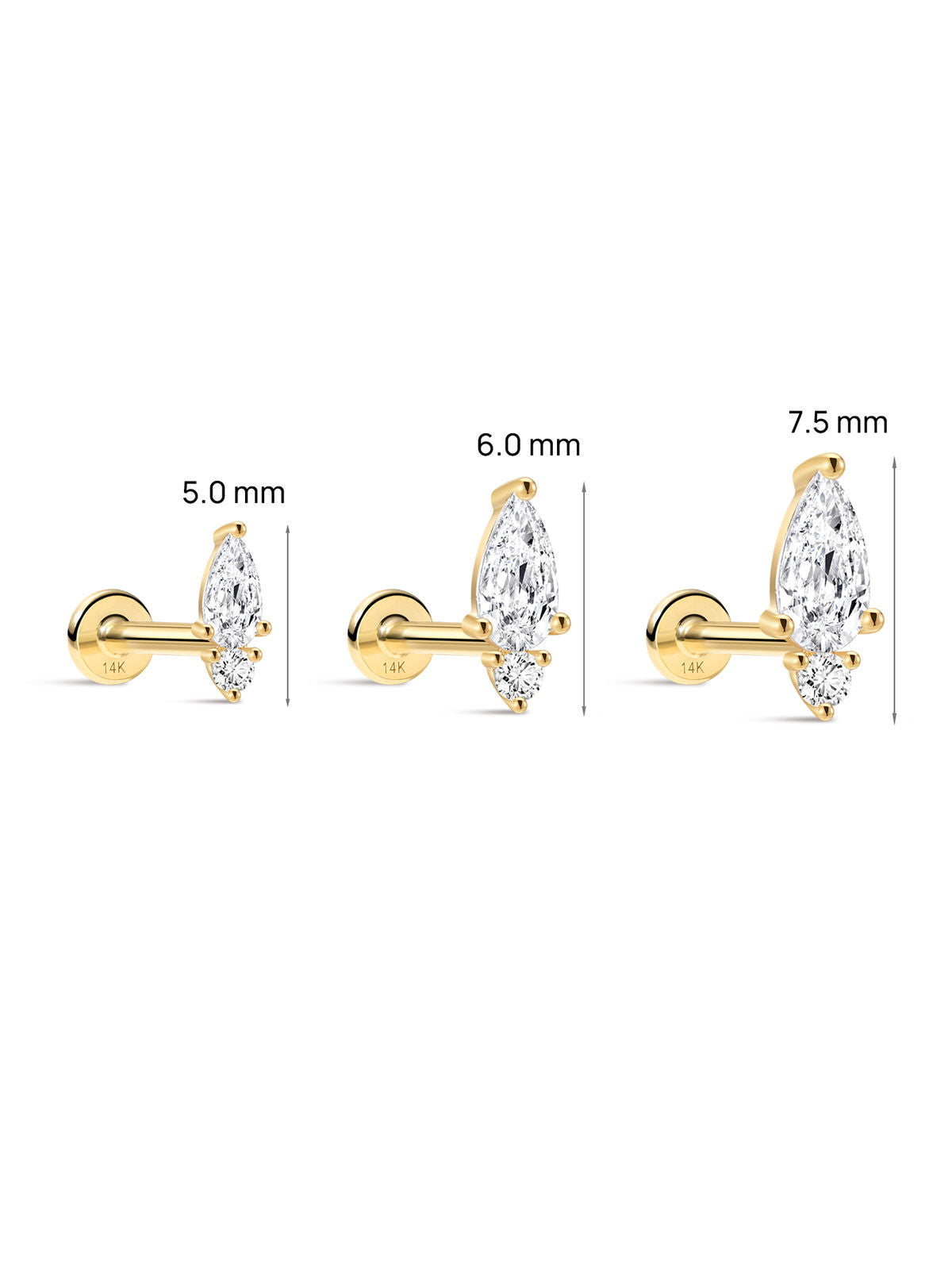 KOSINER 14K Solid Gold Minimalist Pear Flat Back Stud