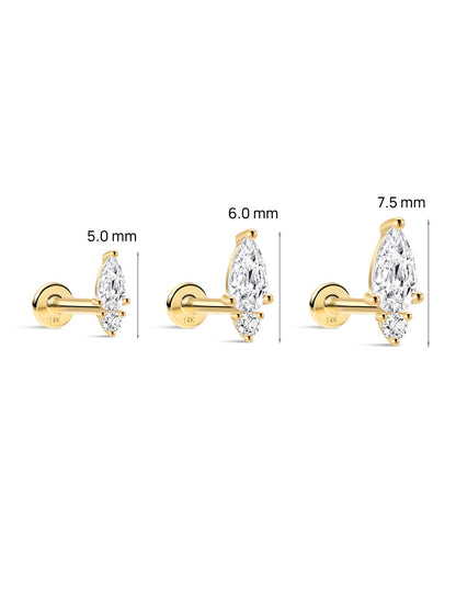 KOSINER 14K Solid Gold Minimalist Pear Flat Back Stud