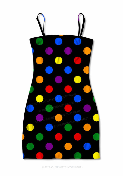 Rainbow Dots On Black Pride Y2K Print Slip Dress Cherrykitten