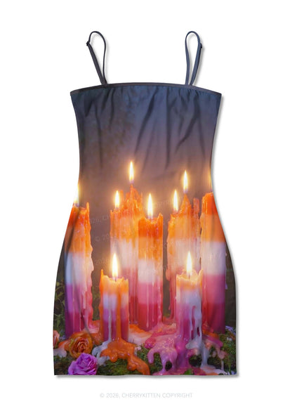 Lesbian Melting Candles Pride Y2K Print Slip Dress Cherrykitten
