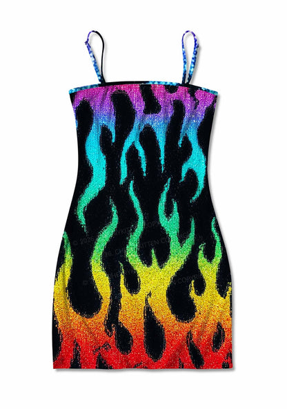 Rainbow Flame Pride Y2K Print Slip Dress Cherrykitten