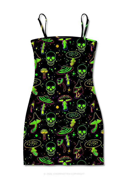 Neon Skull Mushroom Y2K Print Slip Dress Cherrykitten