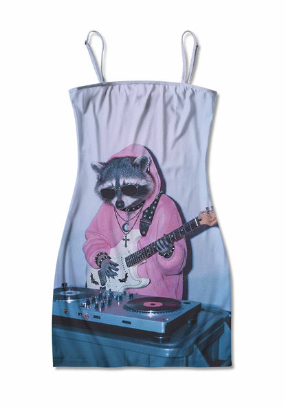 Pink Hoodie Raccoon DJ Y2K Print Slip Dress Cherrykitten