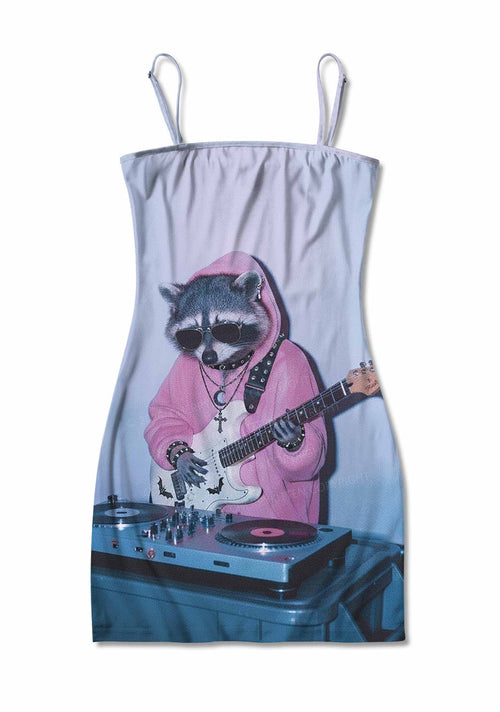 Pink Hoodie Raccoon DJ Y2K Print Slip Dress Cherrykitten