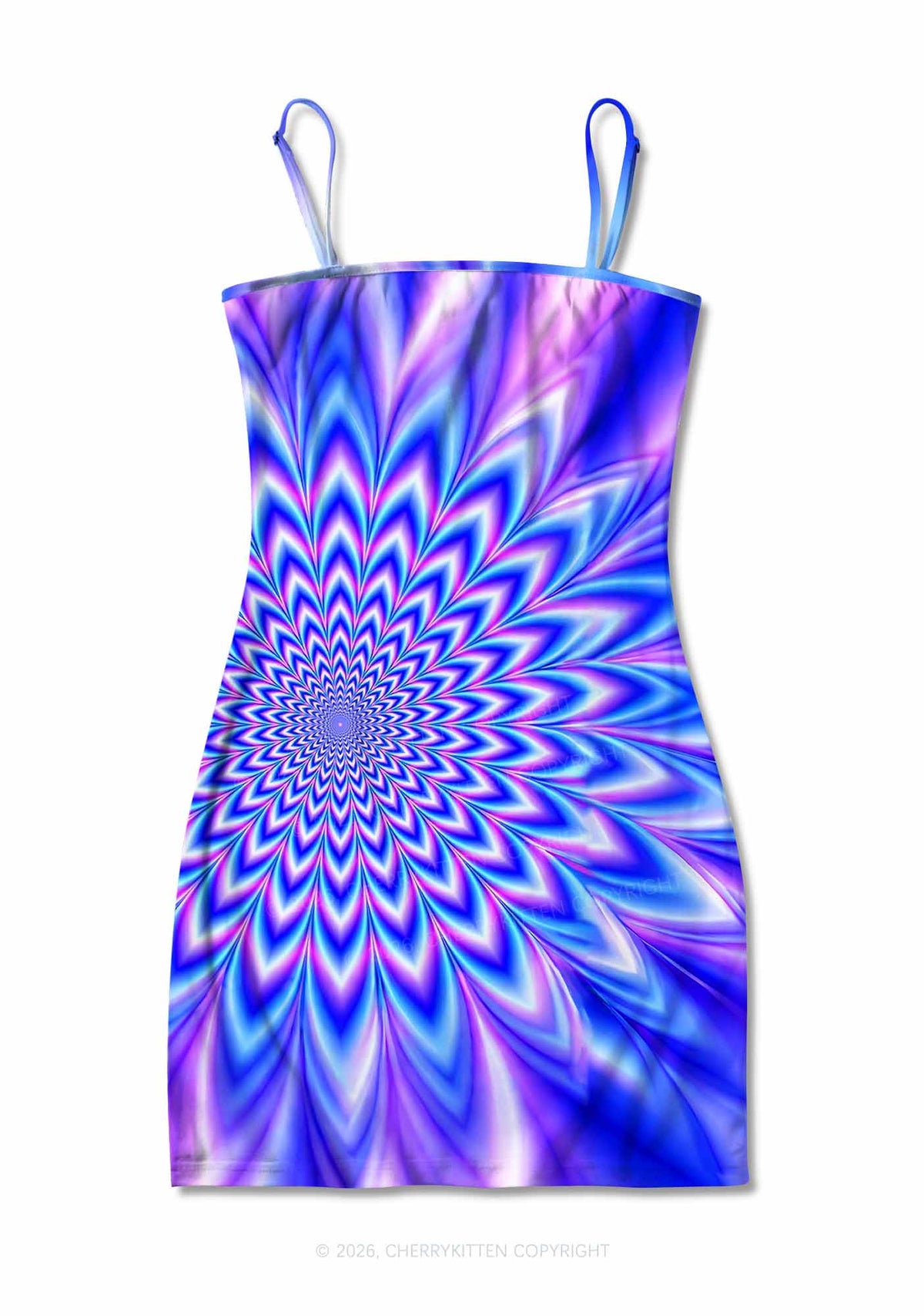 Blue Vortex Optical Illusion Y2K Print Slip Dress Cherrykitten