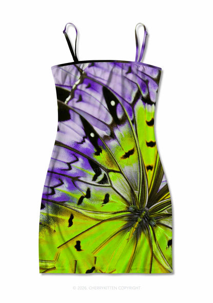 Purple Lime Butterfly Wing Y2K Print Slip Dress Cherrykitten