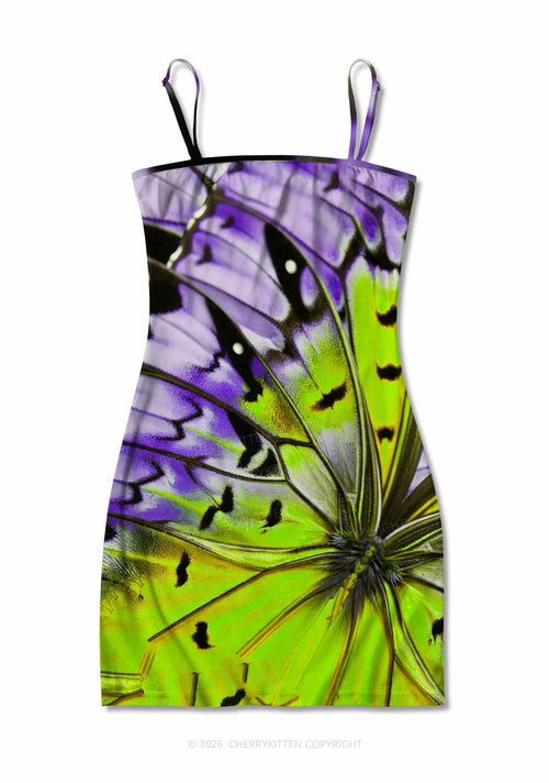 Purple Lime Butterfly Wing Y2K Print Slip Dress Cherrykitten