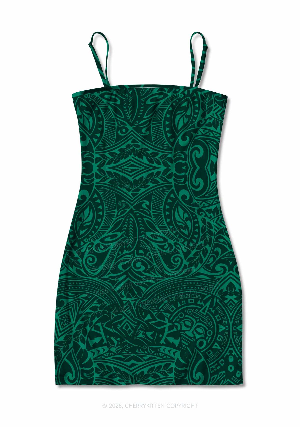 Green Swirl Leaf Y2K Print Slip Dress Cherrykitten