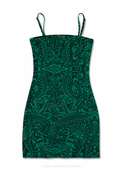 Green Swirl Leaf Y2K Print Slip Dress Cherrykitten