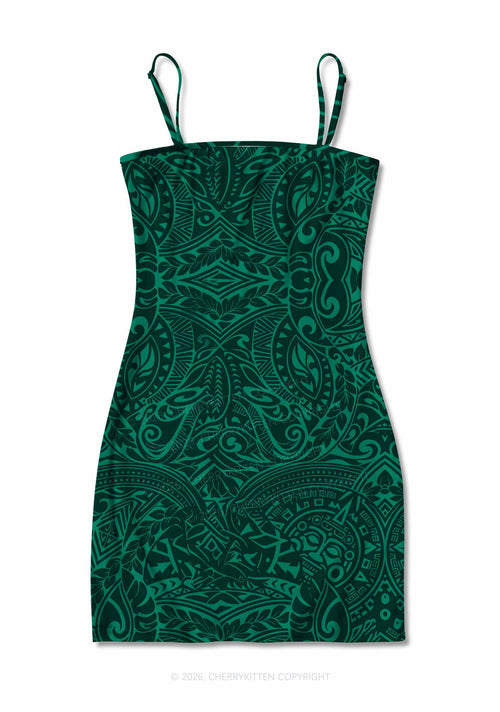 Green Swirl Leaf Y2K Print Slip Dress Cherrykitten